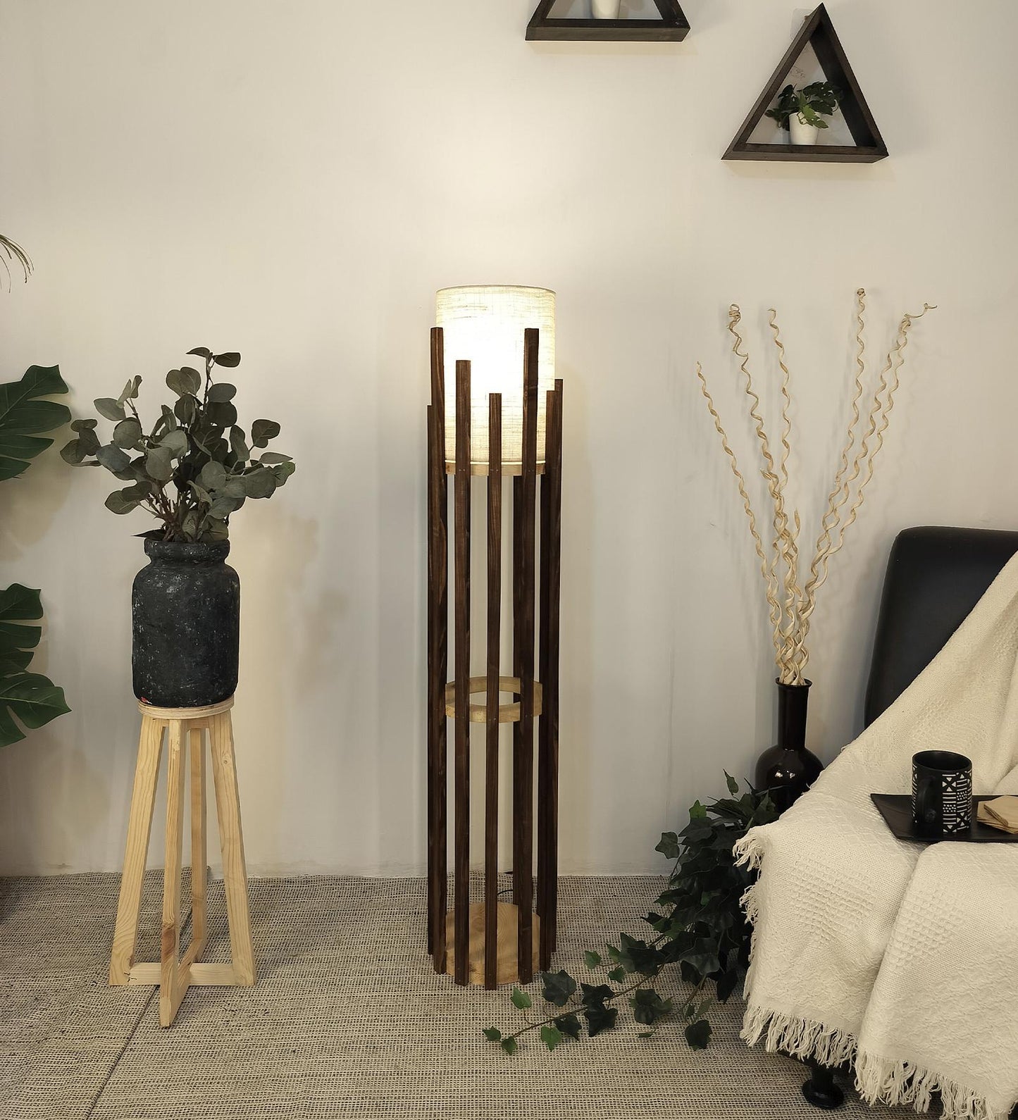 Cedar Wooden Floor Lamp with Brown Base and White Fabric Lampshade