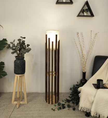 Cedar Wooden Floor Lamp with Brown Base and White Fabric Lampshade