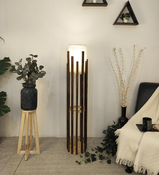 Cedar Wooden Floor Lamp with Brown Base and White Fabric Lampshade