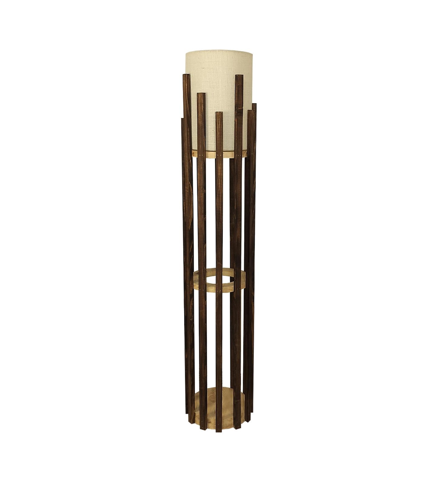 Cedar Wooden Floor Lamp with Brown Base and White Fabric Lampshade