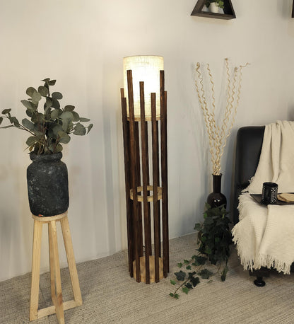 Cedar Wooden Floor Lamp with Brown Base and White Fabric Lampshade