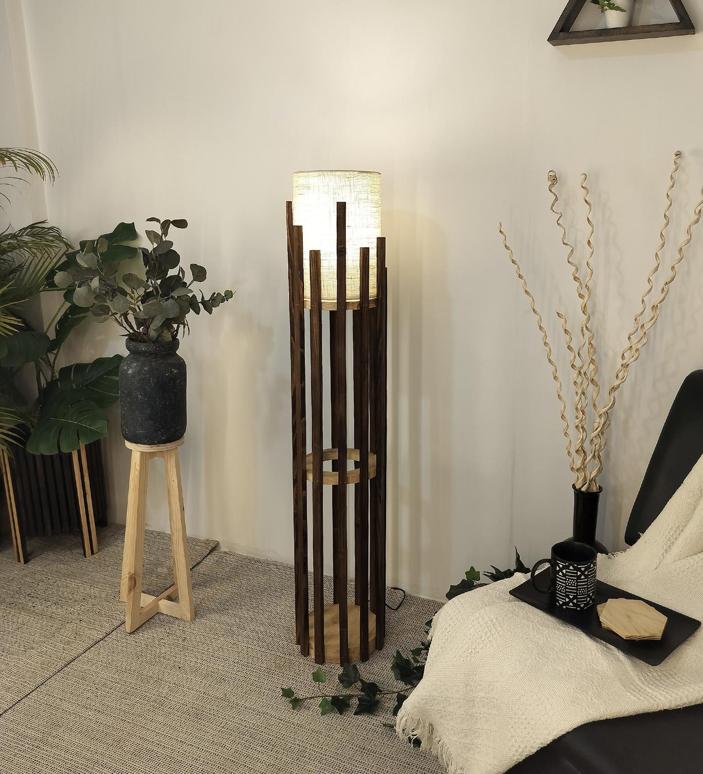 Cedar Wooden Floor Lamp with Brown Base and White Fabric Lampshade