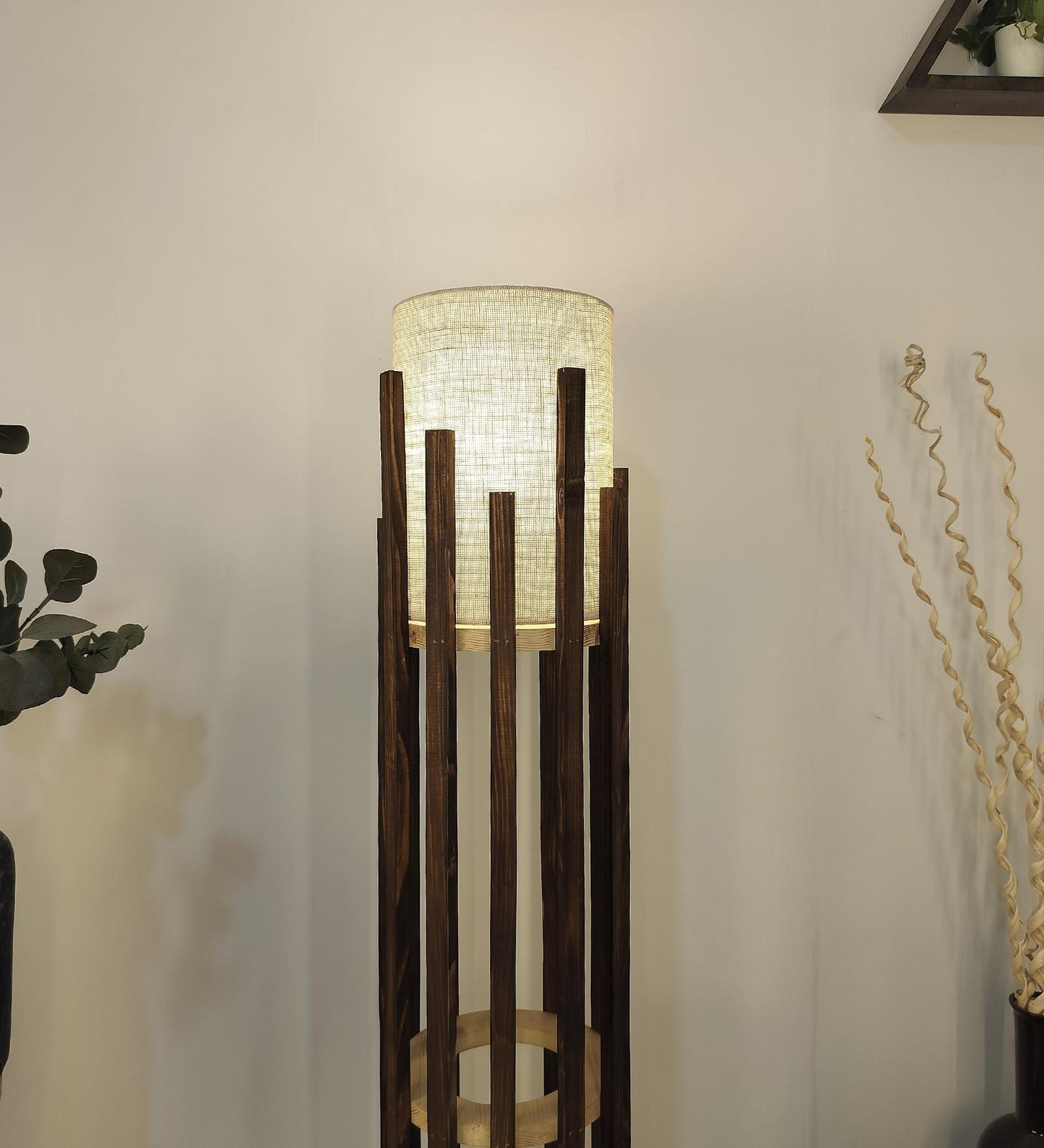 Cedar Wooden Floor Lamp with Brown Base and White Fabric Lampshade