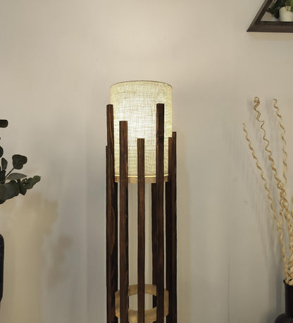Cedar Wooden Floor Lamp with Brown Base and White Fabric Lampshade