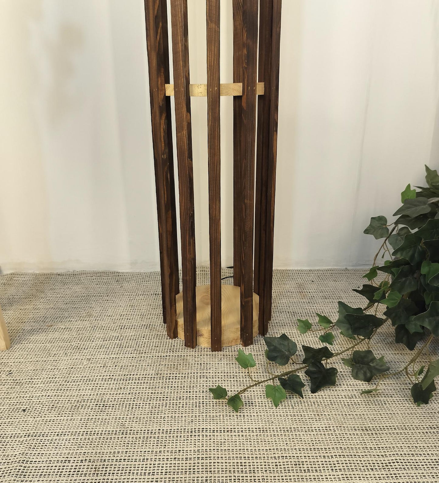 Cedar Wooden Floor Lamp with Brown Base and White Fabric Lampshade