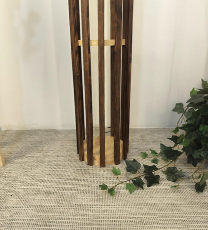Cedar Wooden Floor Lamp with Brown Base and White Fabric Lampshade