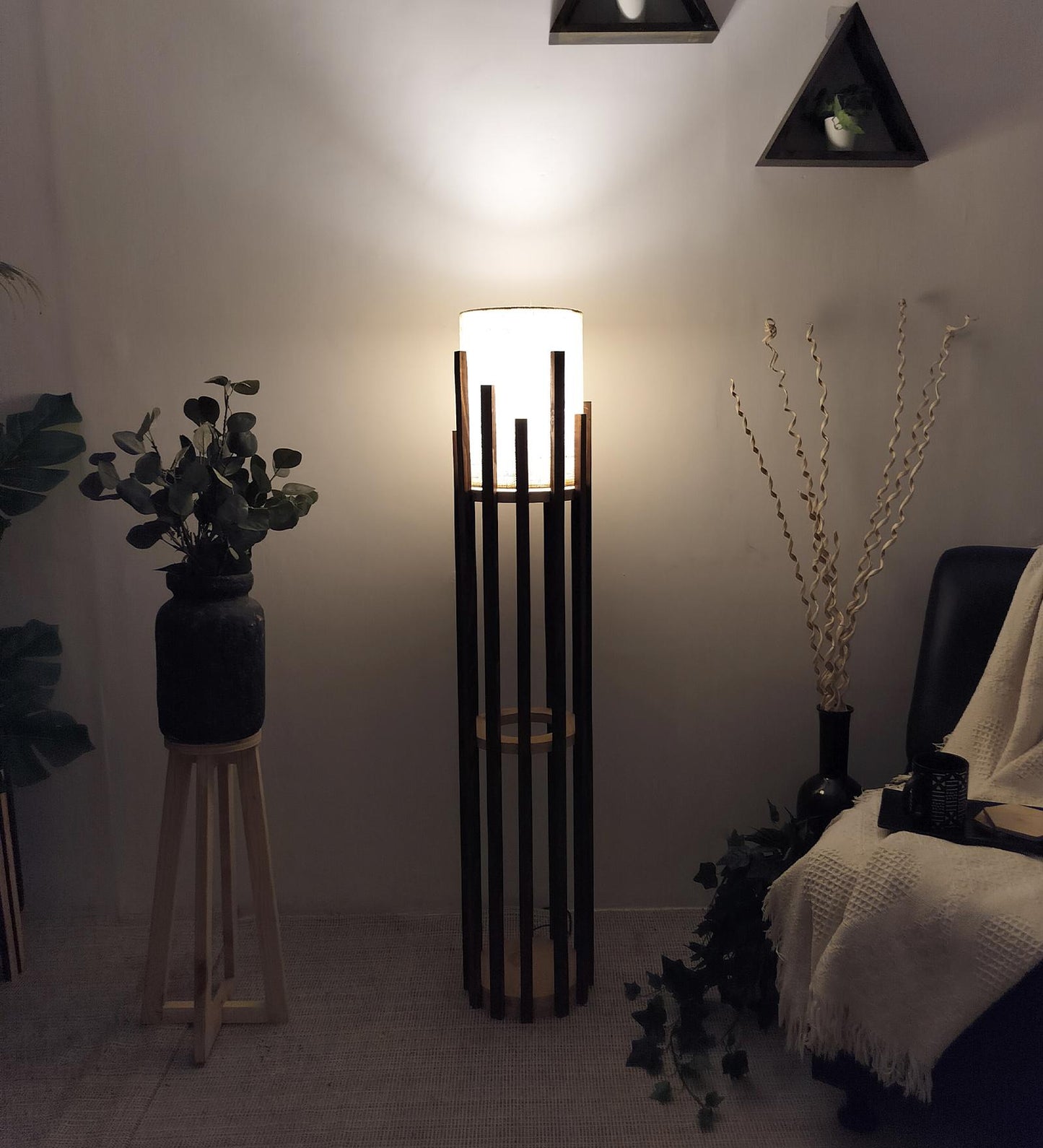 Cedar Wooden Floor Lamp with Brown Base and White Fabric Lampshade