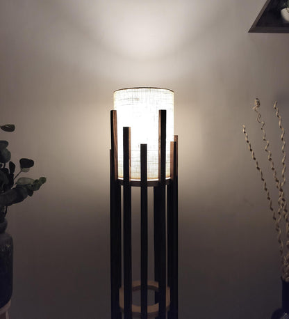 Cedar Wooden Floor Lamp with Brown Base and White Fabric Lampshade