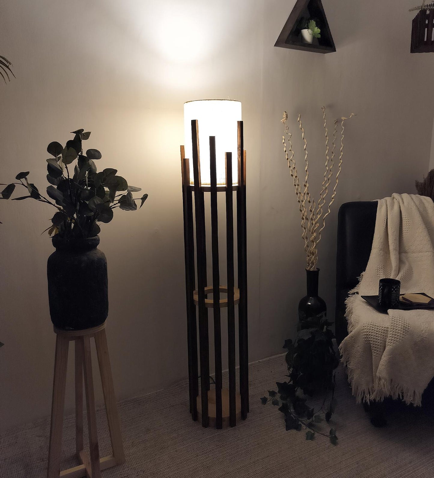 Cedar Wooden Floor Lamp with Brown Base and White Fabric Lampshade
