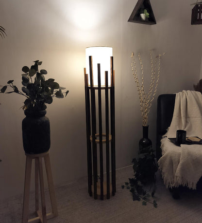 Cedar Wooden Floor Lamp with Brown Base and White Fabric Lampshade