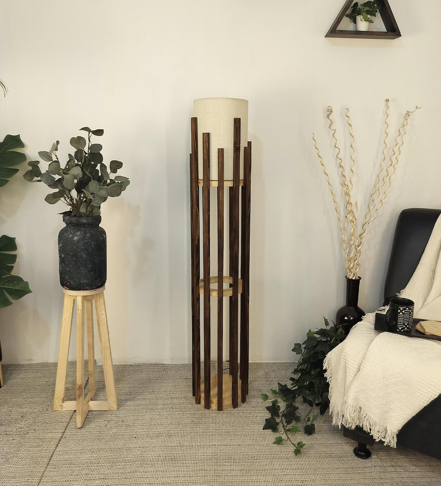 Cedar Wooden Floor Lamp with Brown Base and White Fabric Lampshade