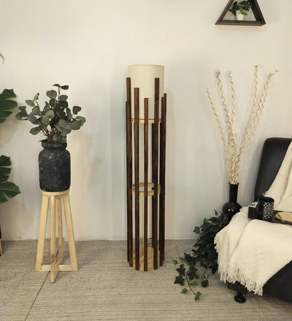 Cedar Wooden Floor Lamp with Brown Base and White Fabric Lampshade