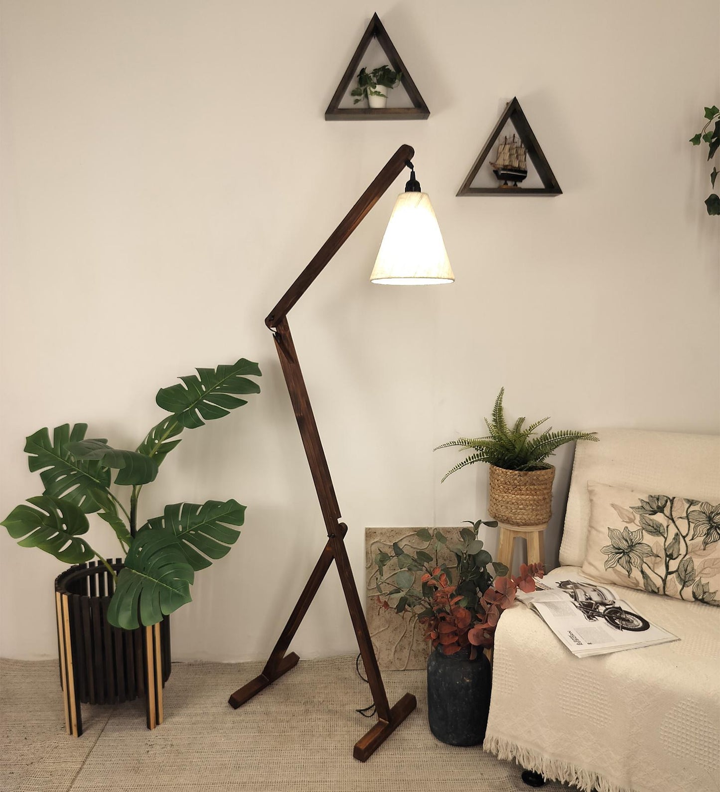 Victory Wooden Floor Lamp with Brown Base and Beige Fabric Lampshade