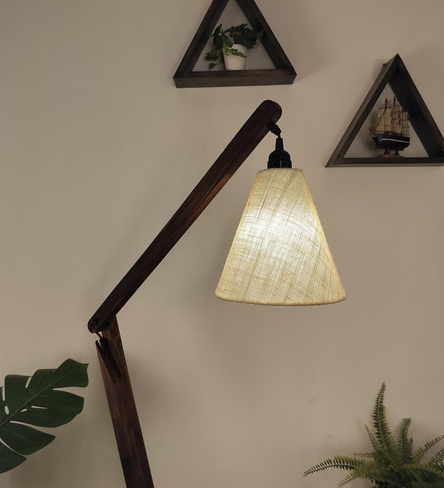 Victory Wooden Floor Lamp with Brown Base and Beige Fabric Lampshade
