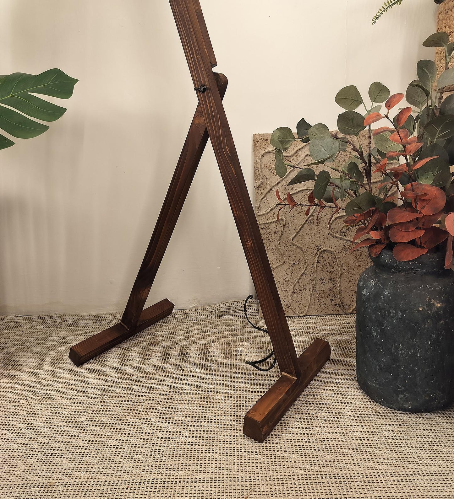 Victory Wooden Floor Lamp with Brown Base and Beige Fabric Lampshade