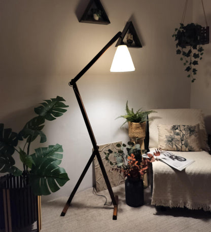 Victory Wooden Floor Lamp with Brown Base and Beige Fabric Lampshade