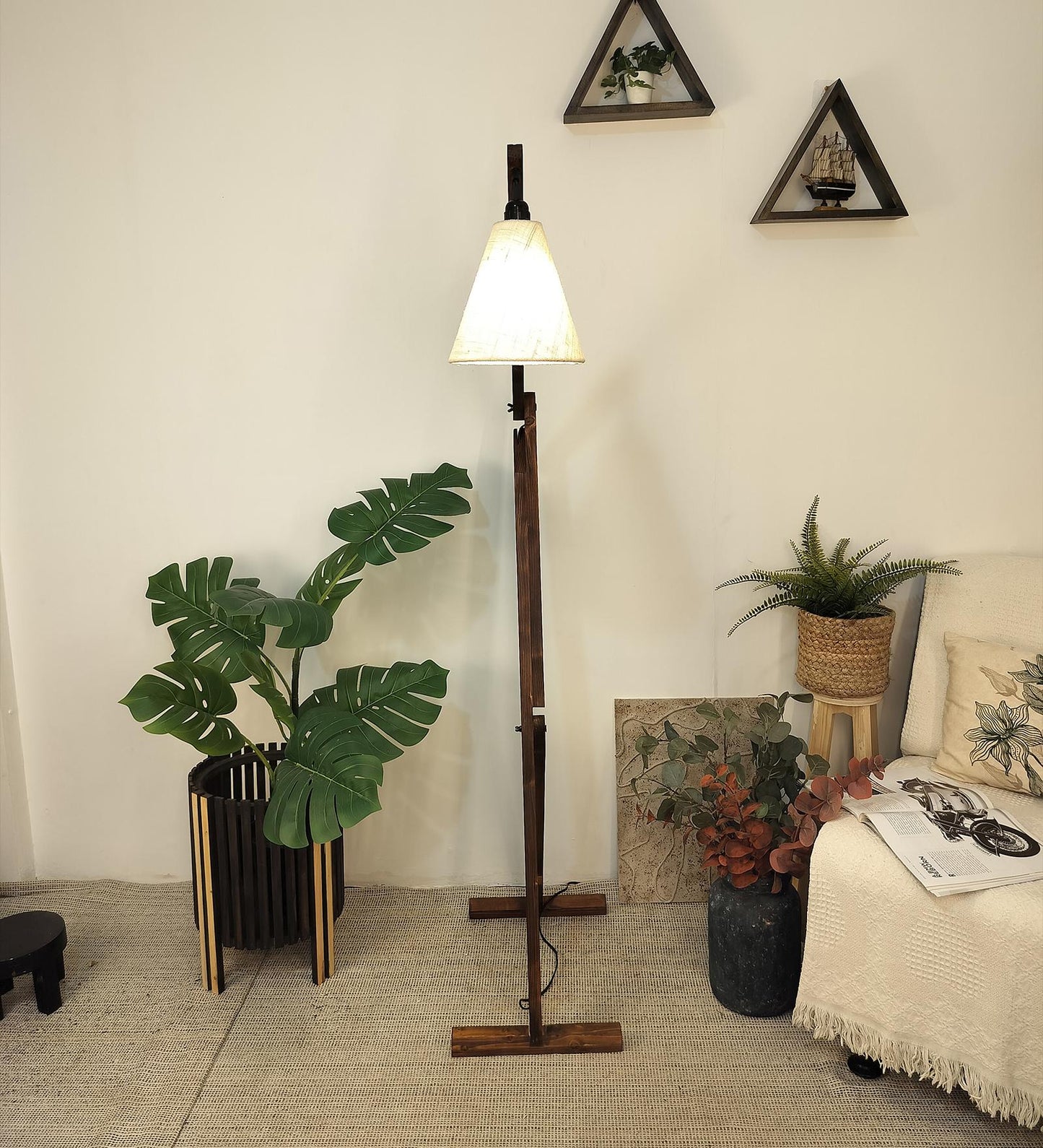 Victory Wooden Floor Lamp with Brown Base and Beige Fabric Lampshade
