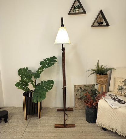 Victory Wooden Floor Lamp with Brown Base and Beige Fabric Lampshade