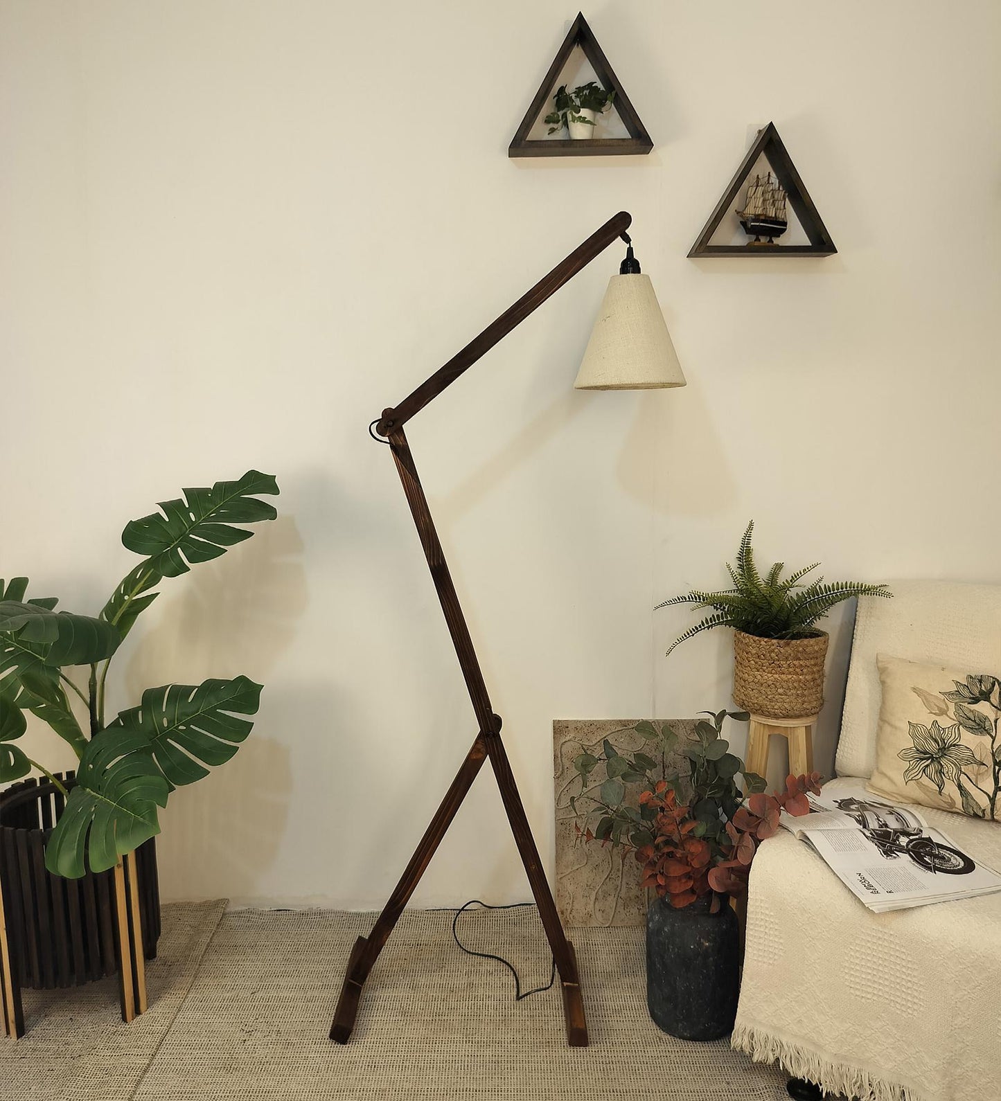 Victory Wooden Floor Lamp with Brown Base and Beige Fabric Lampshade