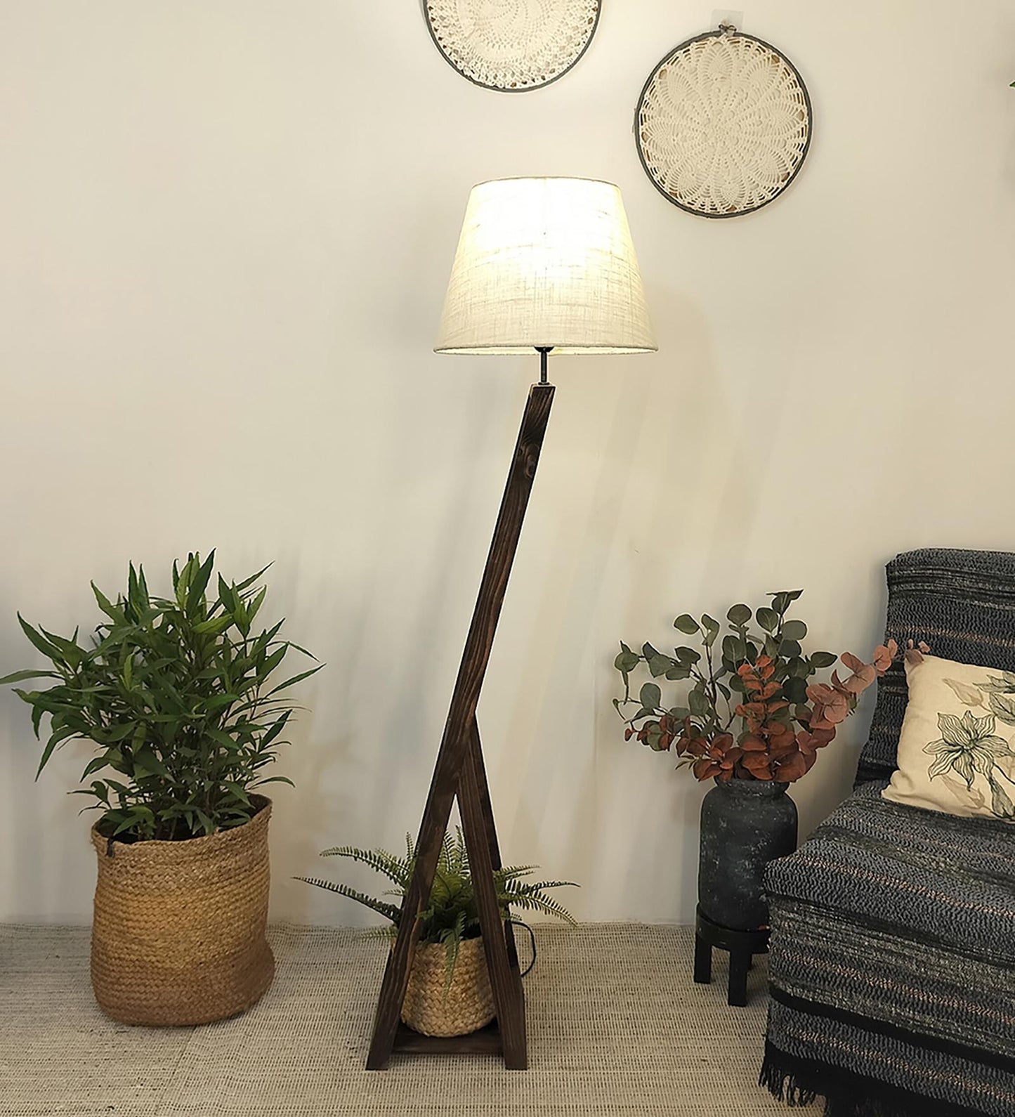 Dry Wooden Floor Lamp with Brown Base and Beige Fabric Lampshade