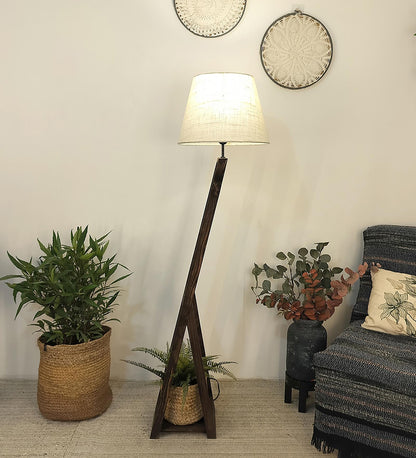 Dry Wooden Floor Lamp with Brown Base and Beige Fabric Lampshade