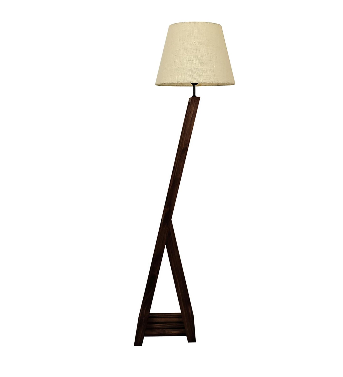 Dry Wooden Floor Lamp with Brown Base and Beige Fabric Lampshade