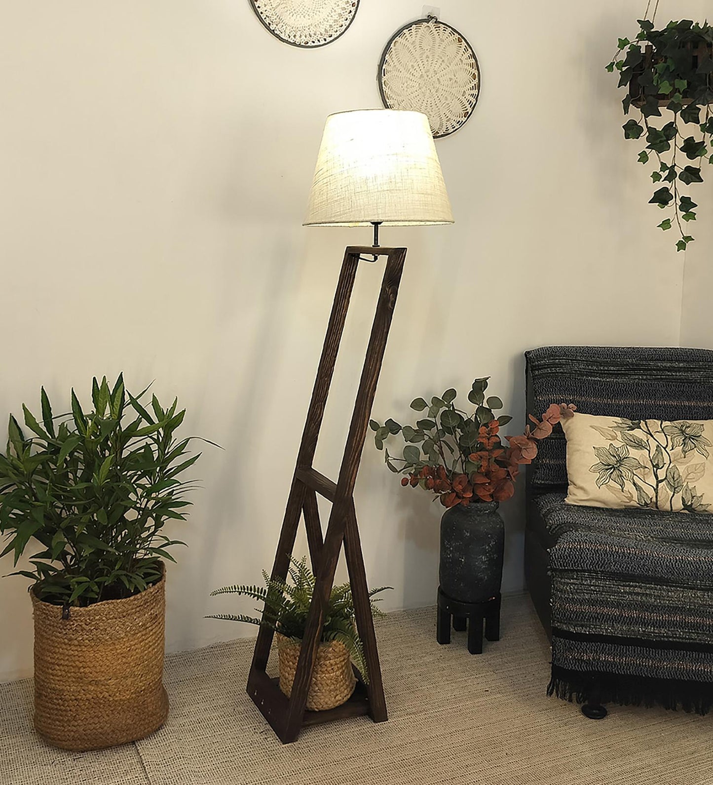 Dry Wooden Floor Lamp with Brown Base and Beige Fabric Lampshade