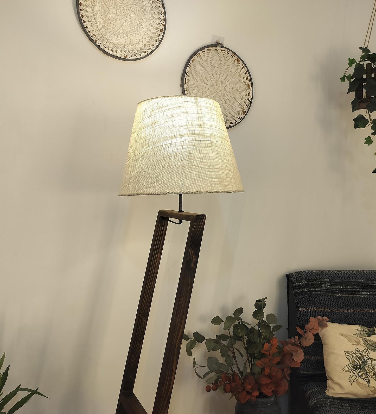 Dry Wooden Floor Lamp with Brown Base and Beige Fabric Lampshade