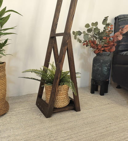 Dry Wooden Floor Lamp with Brown Base and Beige Fabric Lampshade