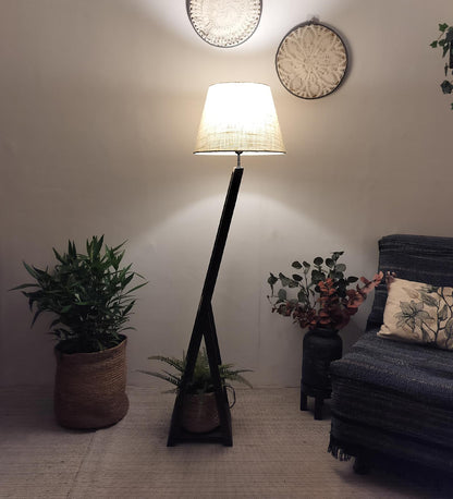 Dry Wooden Floor Lamp with Brown Base and Beige Fabric Lampshade