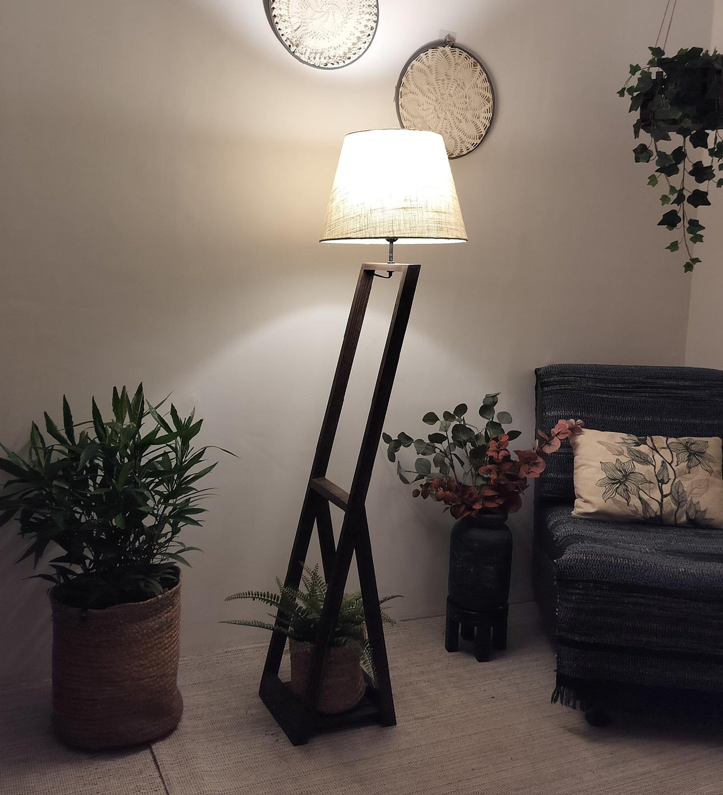Dry Wooden Floor Lamp with Brown Base and Beige Fabric Lampshade