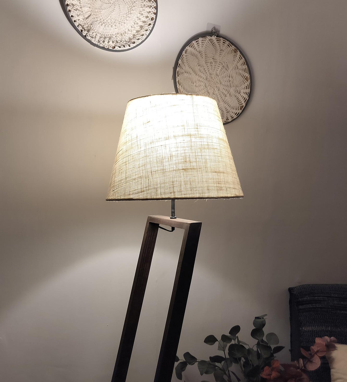 Dry Wooden Floor Lamp with Brown Base and Beige Fabric Lampshade