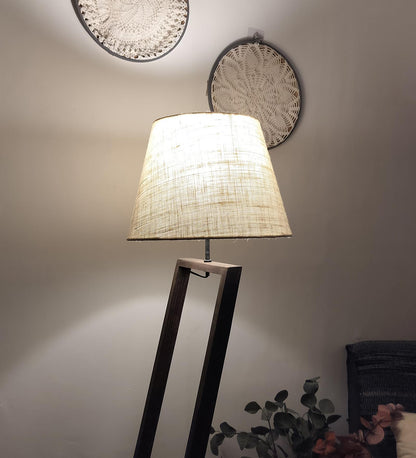 Dry Wooden Floor Lamp with Brown Base and Beige Fabric Lampshade