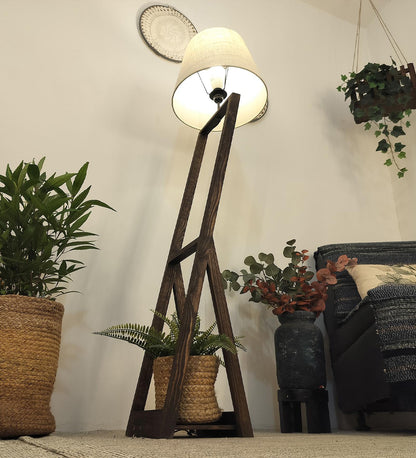 Dry Wooden Floor Lamp with Brown Base and Beige Fabric Lampshade
