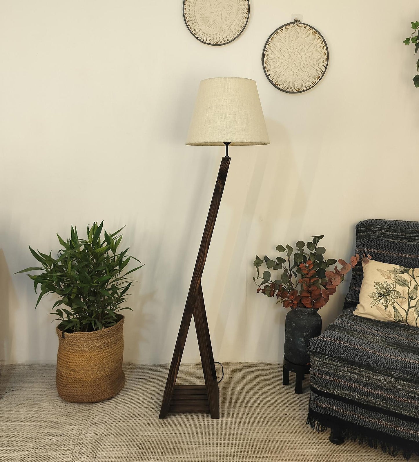 Dry Wooden Floor Lamp with Brown Base and Beige Fabric Lampshade