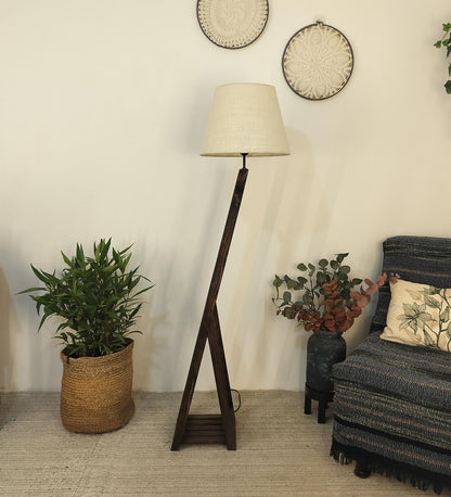 Dry Wooden Floor Lamp with Brown Base and Beige Fabric Lampshade