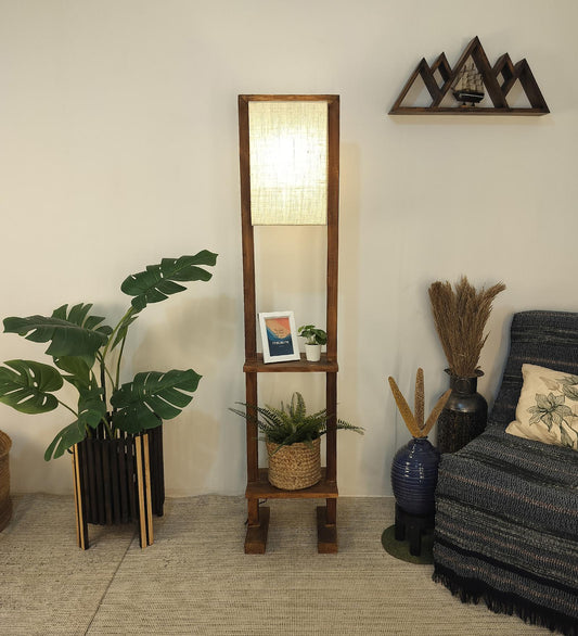 Old Wooden Floor Lamp with Brown Base and Beige Fabric Lampshade