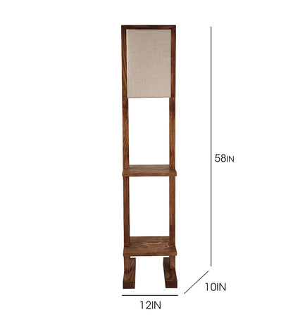 Old Wooden Floor Lamp with Brown Base and Beige Fabric Lampshade