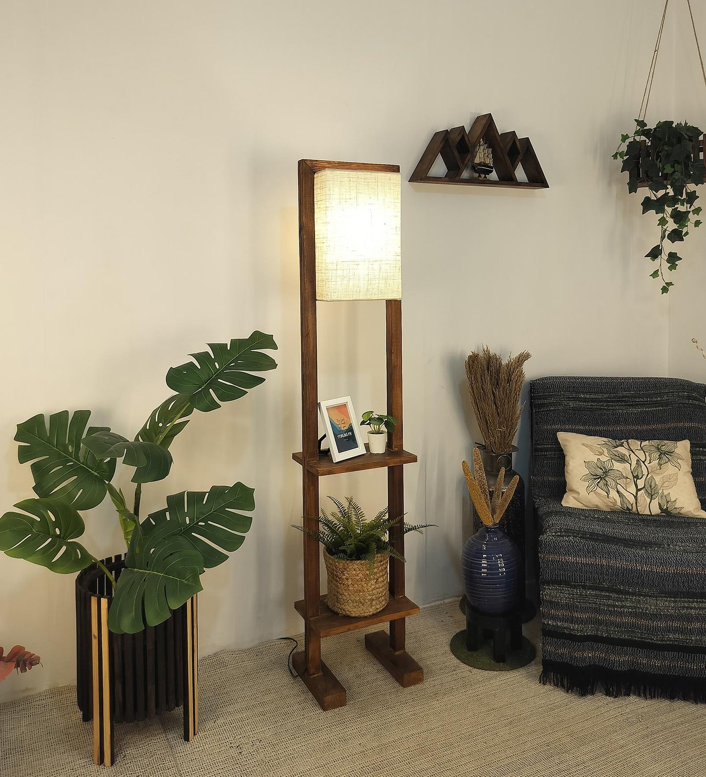 Old Wooden Floor Lamp with Brown Base and Beige Fabric Lampshade