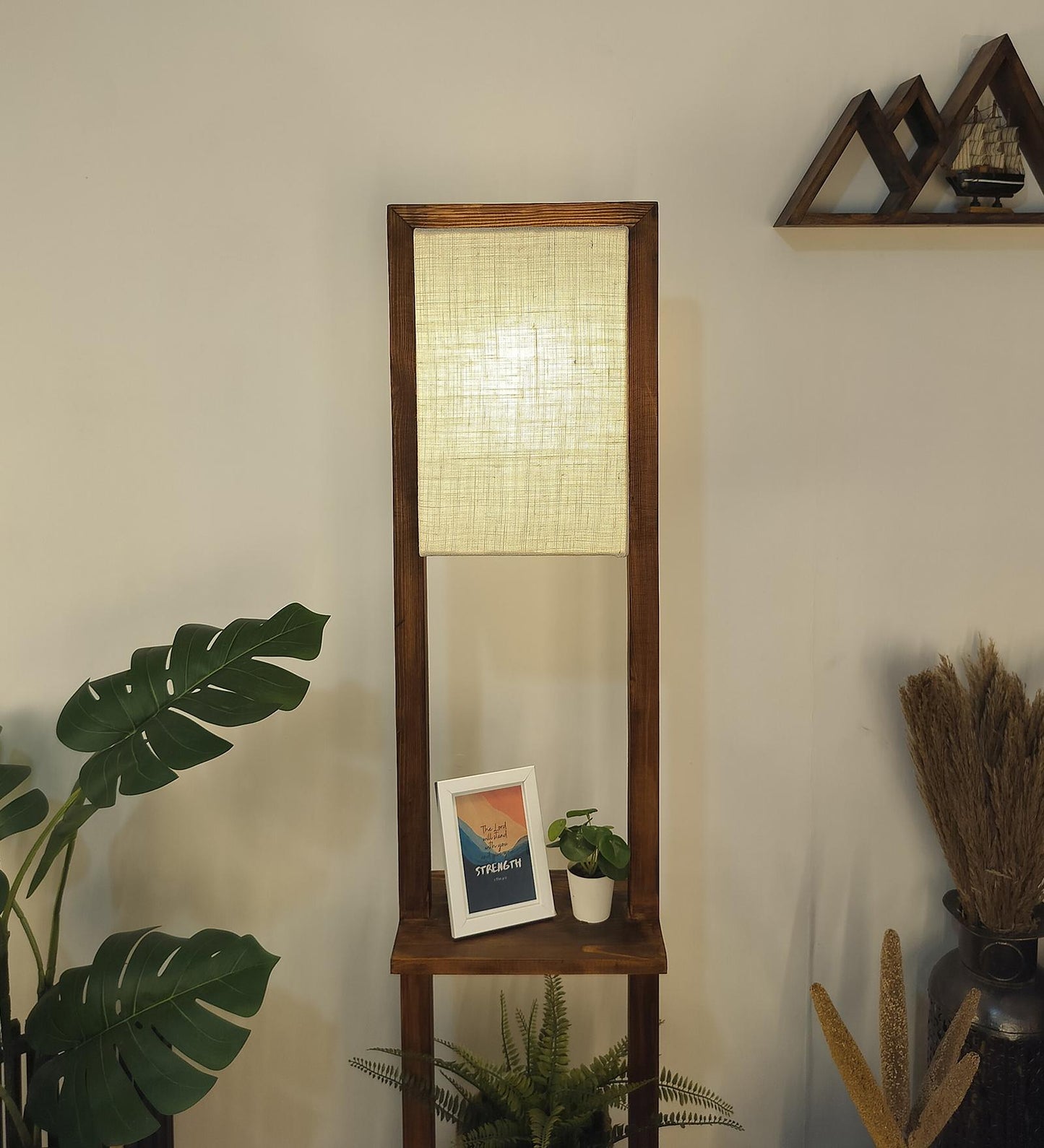 Old Wooden Floor Lamp with Brown Base and Beige Fabric Lampshade