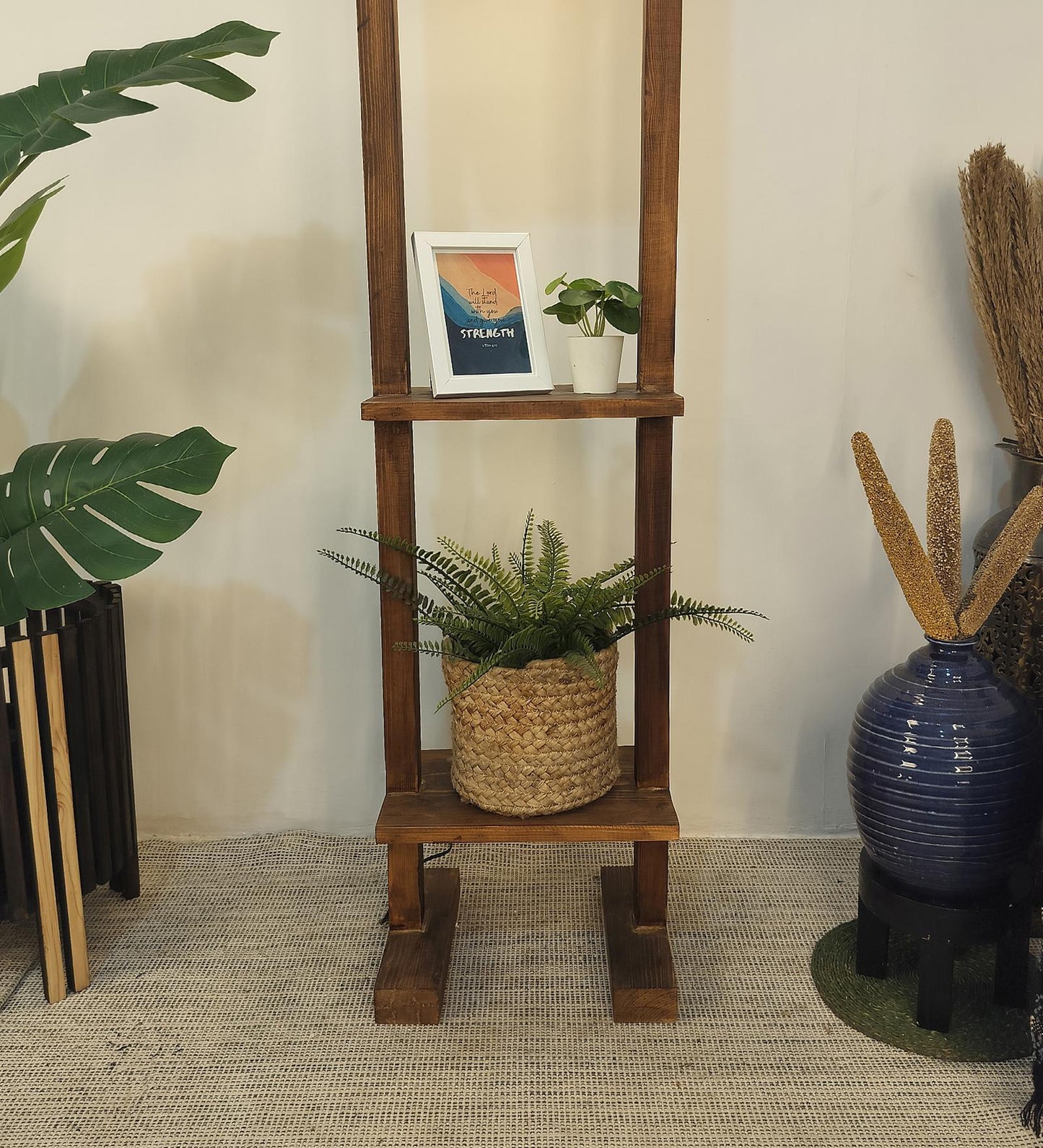 Old Wooden Floor Lamp with Brown Base and Beige Fabric Lampshade
