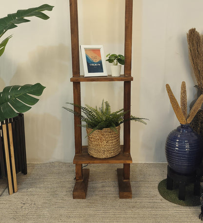 Old Wooden Floor Lamp with Brown Base and Beige Fabric Lampshade