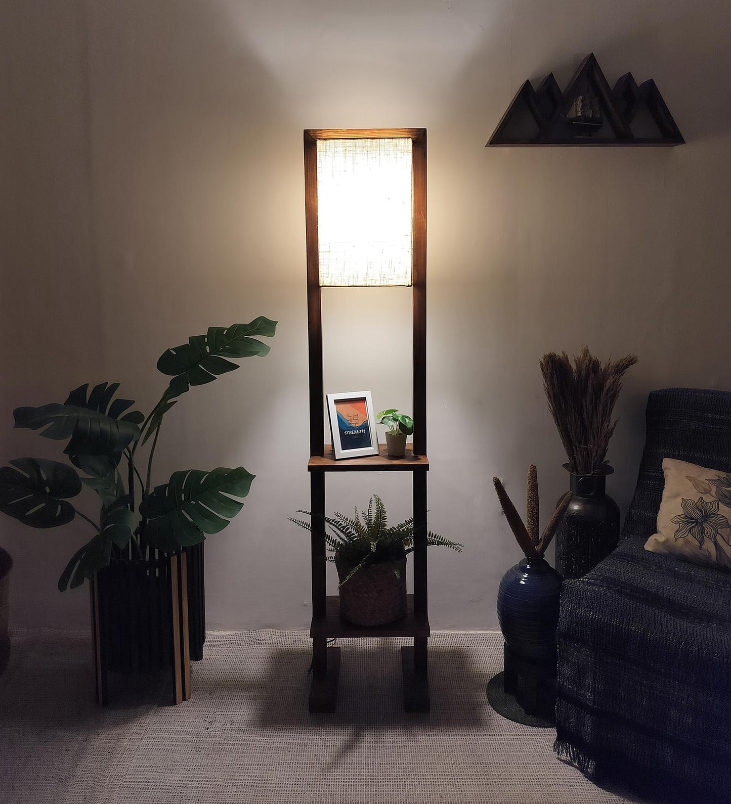 Old Wooden Floor Lamp with Brown Base and Beige Fabric Lampshade