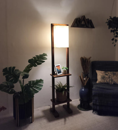 Old Wooden Floor Lamp with Brown Base and Beige Fabric Lampshade
