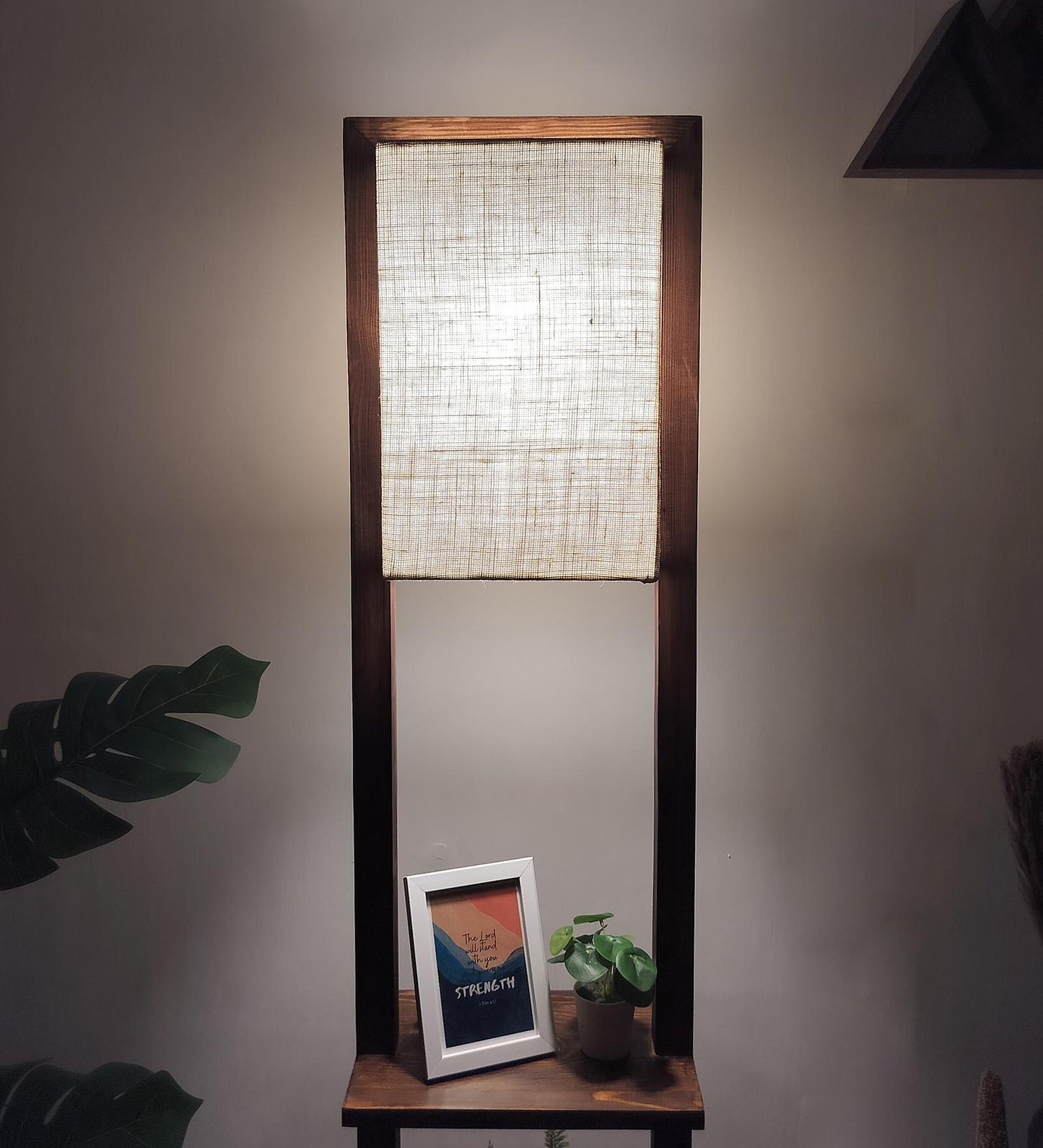 Old Wooden Floor Lamp with Brown Base and Beige Fabric Lampshade
