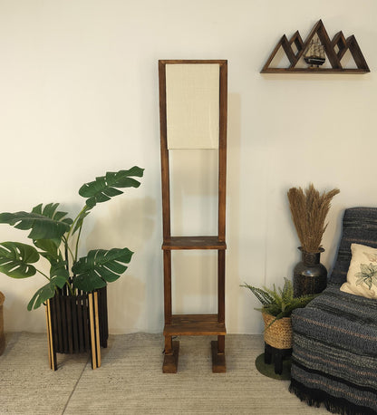 Old Wooden Floor Lamp with Brown Base and Beige Fabric Lampshade