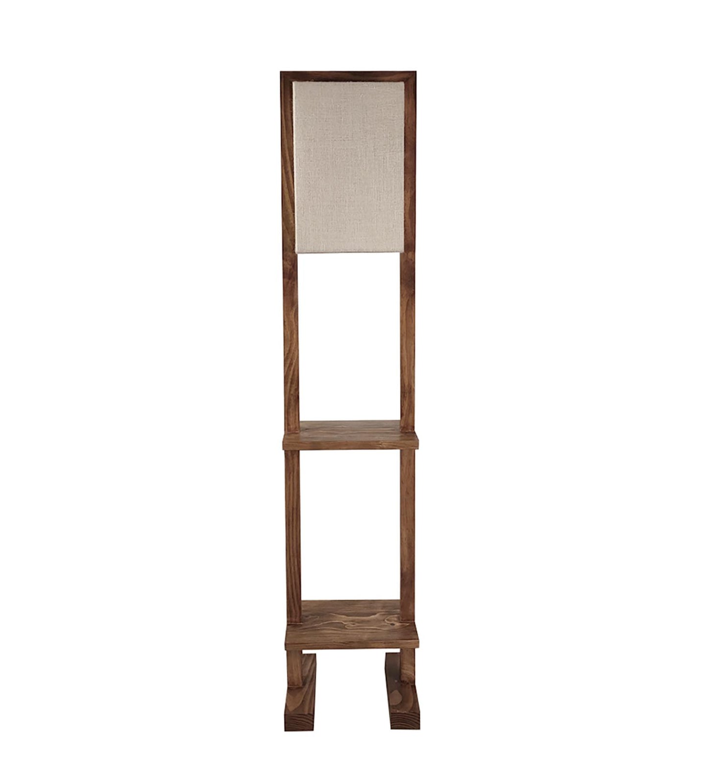 Old Wooden Floor Lamp with Brown Base and Beige Fabric Lampshade