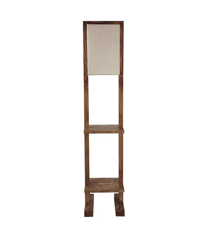 Old Wooden Floor Lamp with Brown Base and Beige Fabric Lampshade