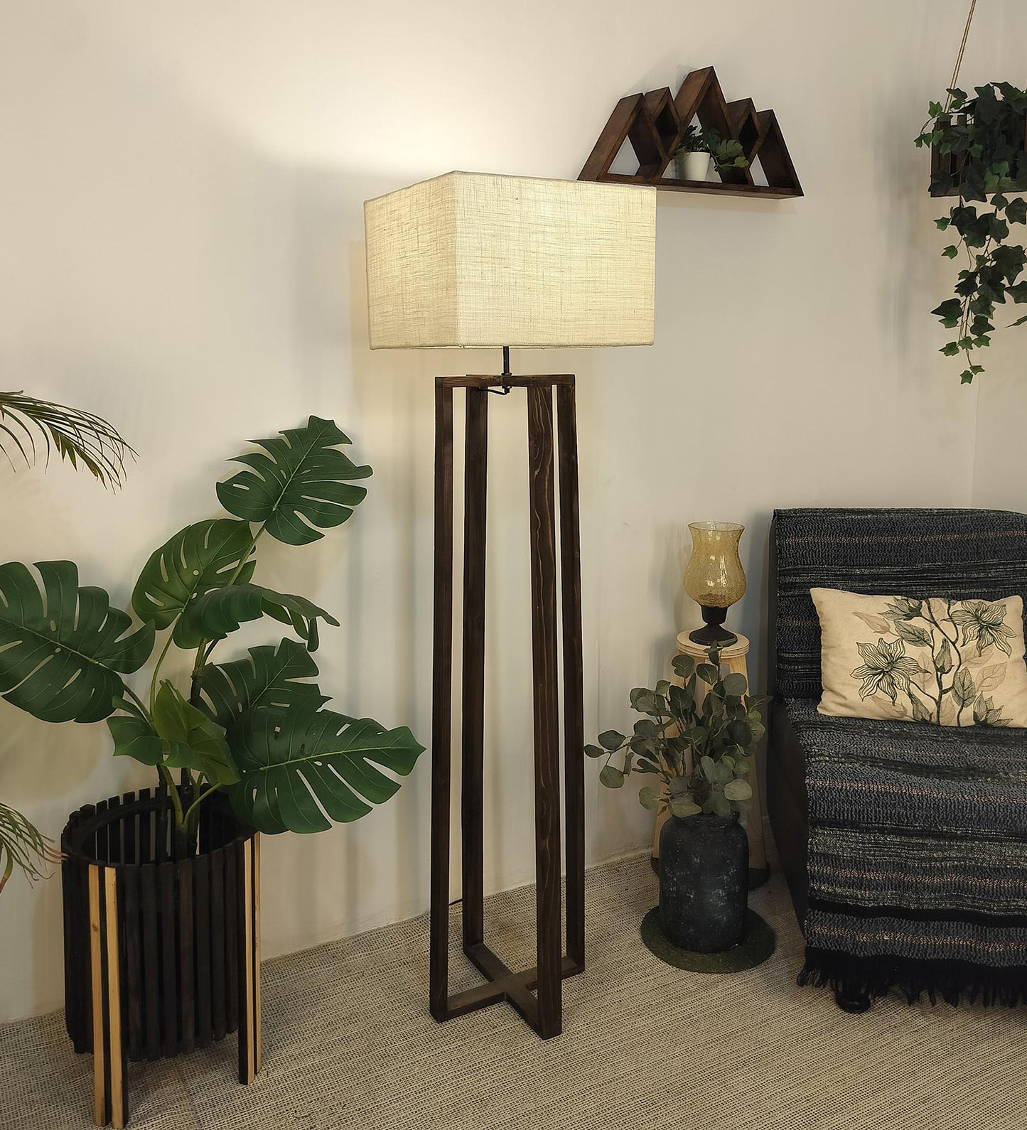 Smog Wooden Floor Lamp with Premium Beige Fabric Lampshade