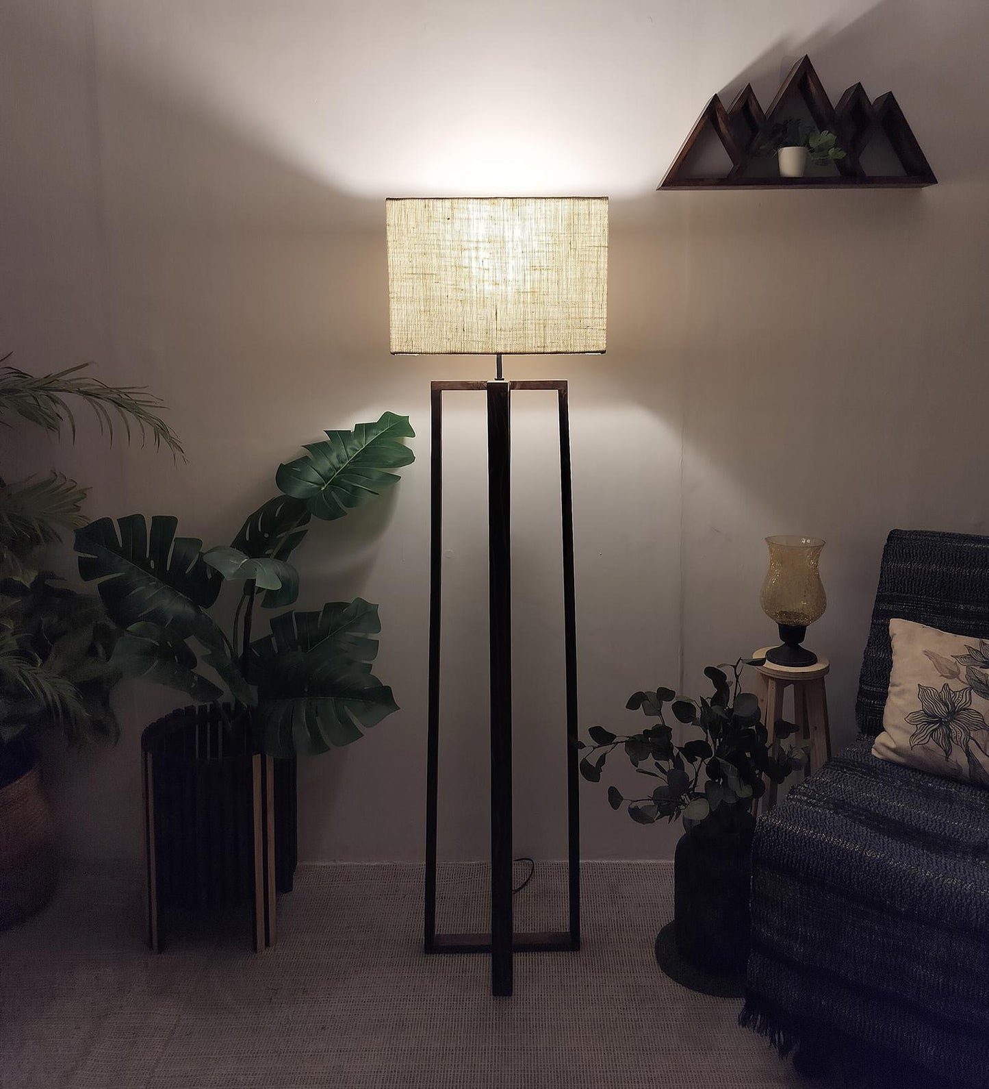 Smog Wooden Floor Lamp with Premium Beige Fabric Lampshade